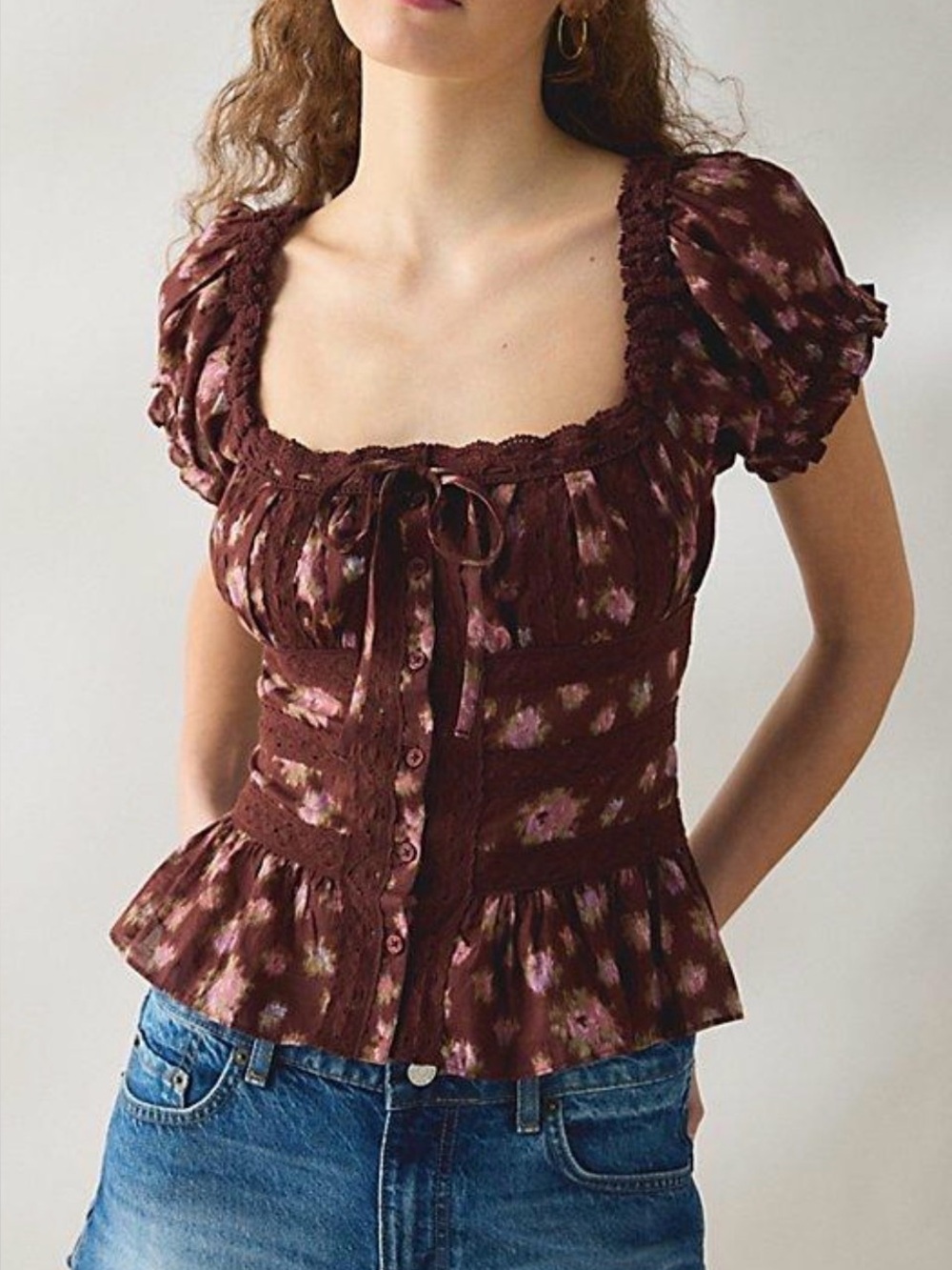 Women's Urban Outfitters -Kimchi Blue Brown Floral Peasant Top with Puff Sleeves